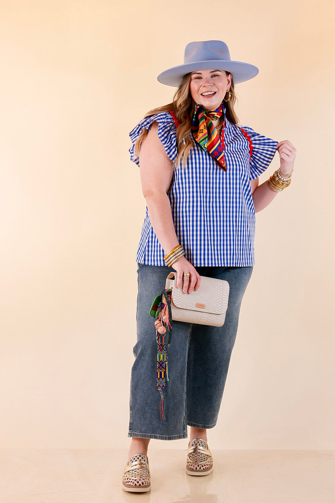 Sweet Tea Social Ruffle Sleeve Gingham Top with Ric Rac Trim in Royal Blue