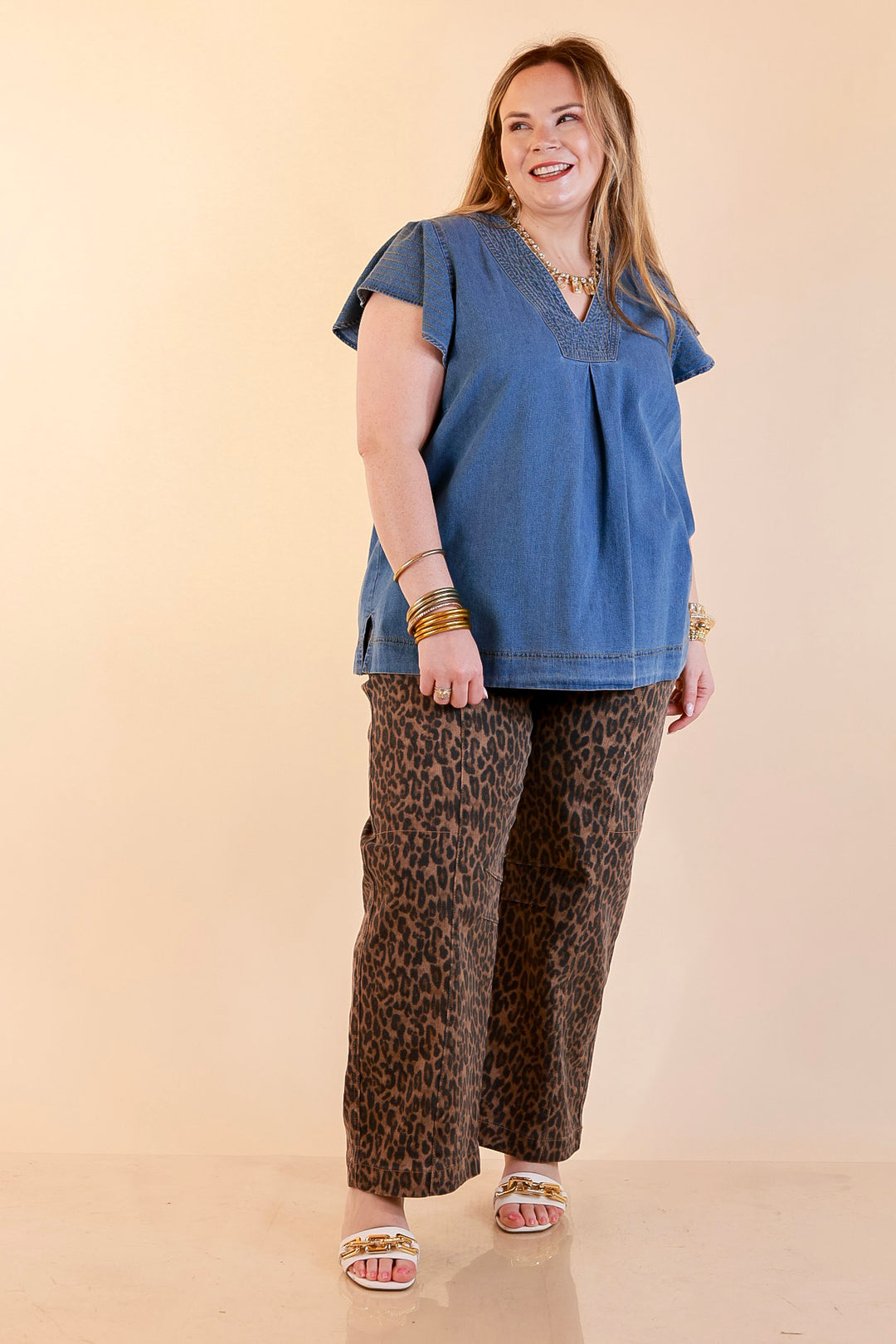 Clean and Collected V Neck Denim Top with Stitch Detail and Drop Shoulder Cap Sleeve in Medium Wash