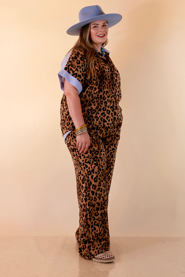 Relaxed Refinement Blue Stripe Detail Button Front Collared Top with Matching Wide Leg Pants Set in Leopard Print