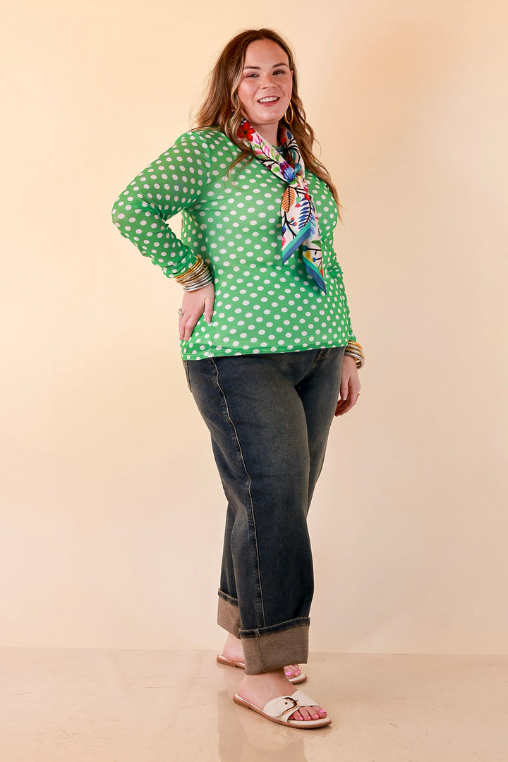 The Essential Layer Polka Dot Print Sheer Mesh Long Sleeve Top in Kelly Green