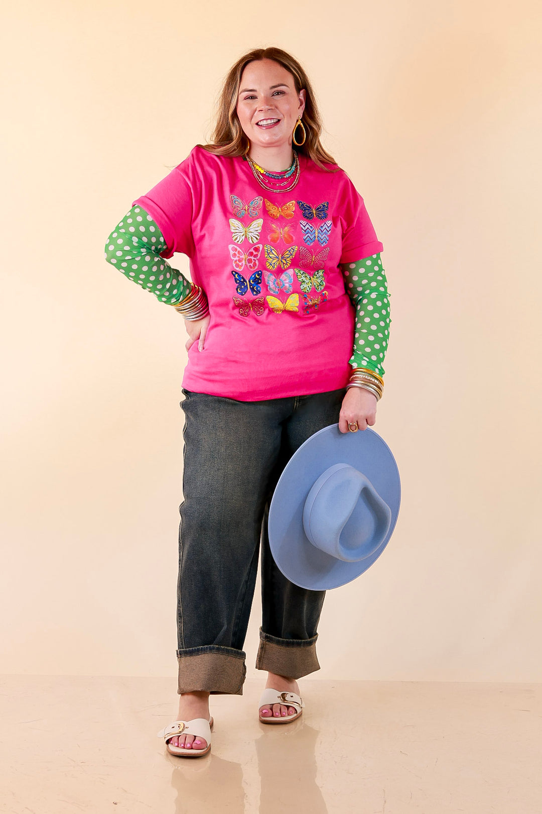 Butterfly Season Multi Print Butterflies Short Sleeve Graphic Tee in Hot Pink