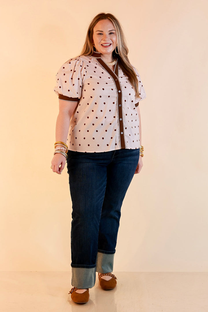 Pop of Polish Short Puff Sleeve Button Front Polka Dot Print Top with Contrast Trim in Ivory and Chocolate Brown