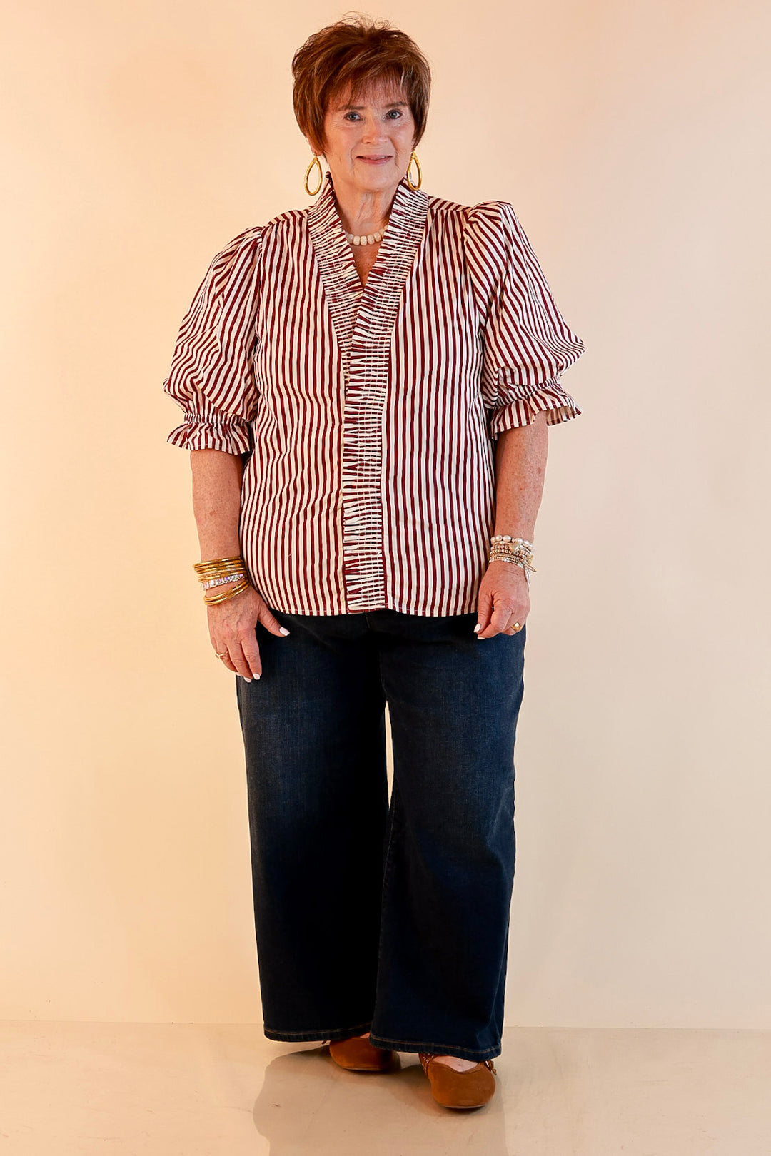 Made You Look Striped Ruffle Front and Sleeve Detailing with Puff Sleeves Blouse in Maroon and Ivory