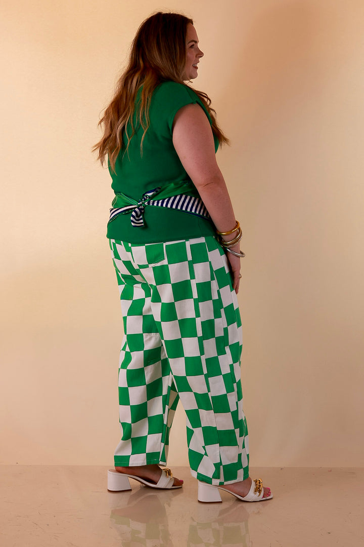 Check Me Out Wide Leg Checkered Print Barrel Denim Jean in Green