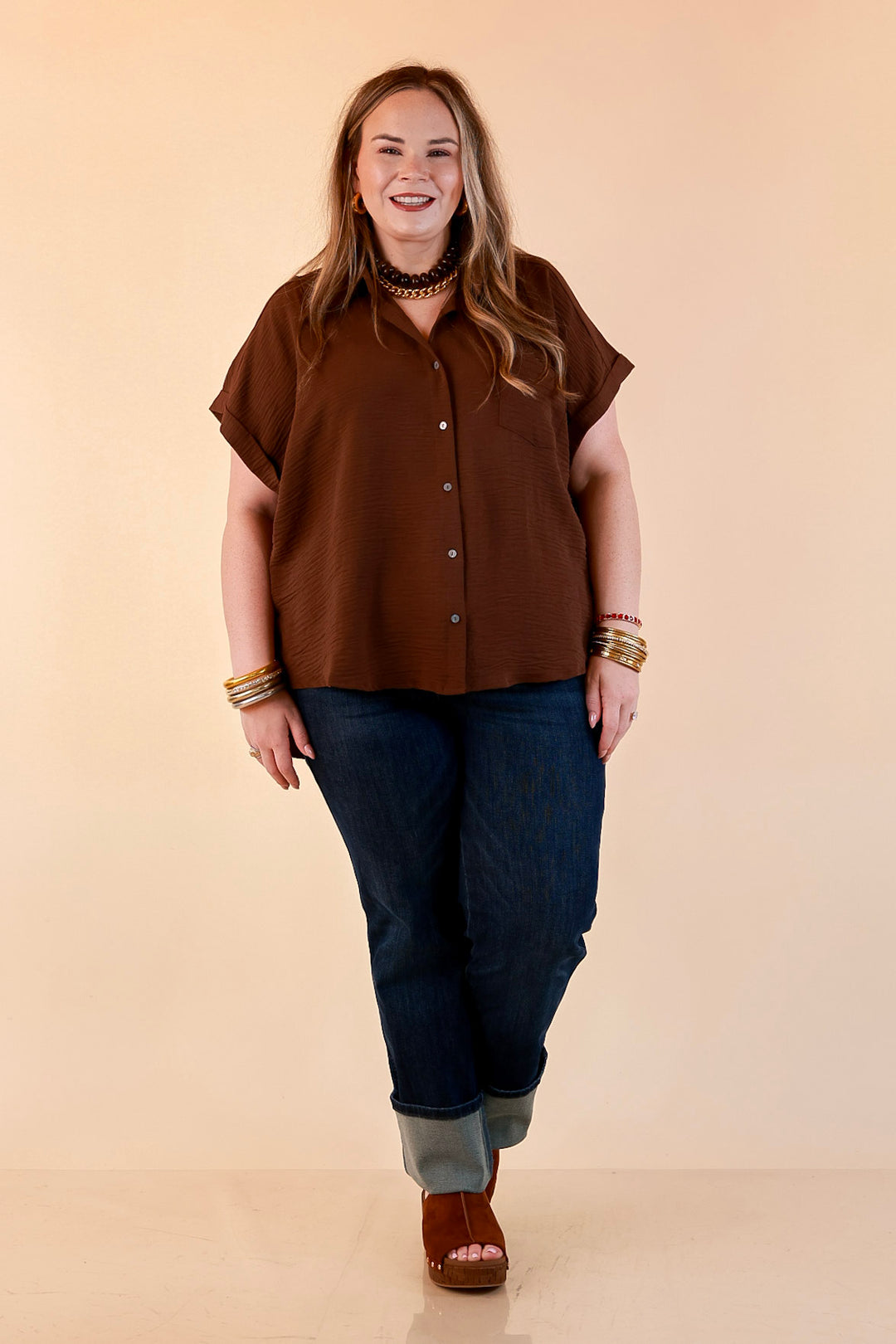 Timeless Appeal Woven Airflow Button Front Top with Rolled Cuff Short Sleeves and Front Pocket in Chocolate Brown