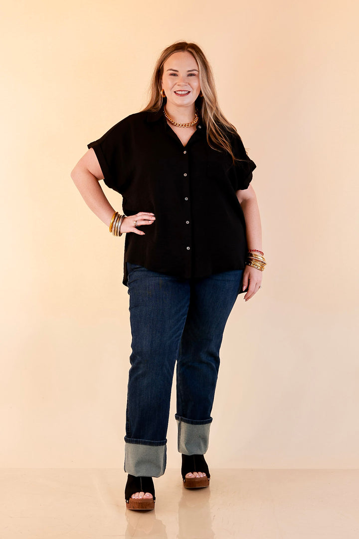 Timeless Appeal Woven Airflow Button Front Top with Rolled Cuff Short Sleeves and Front Pocket in Black