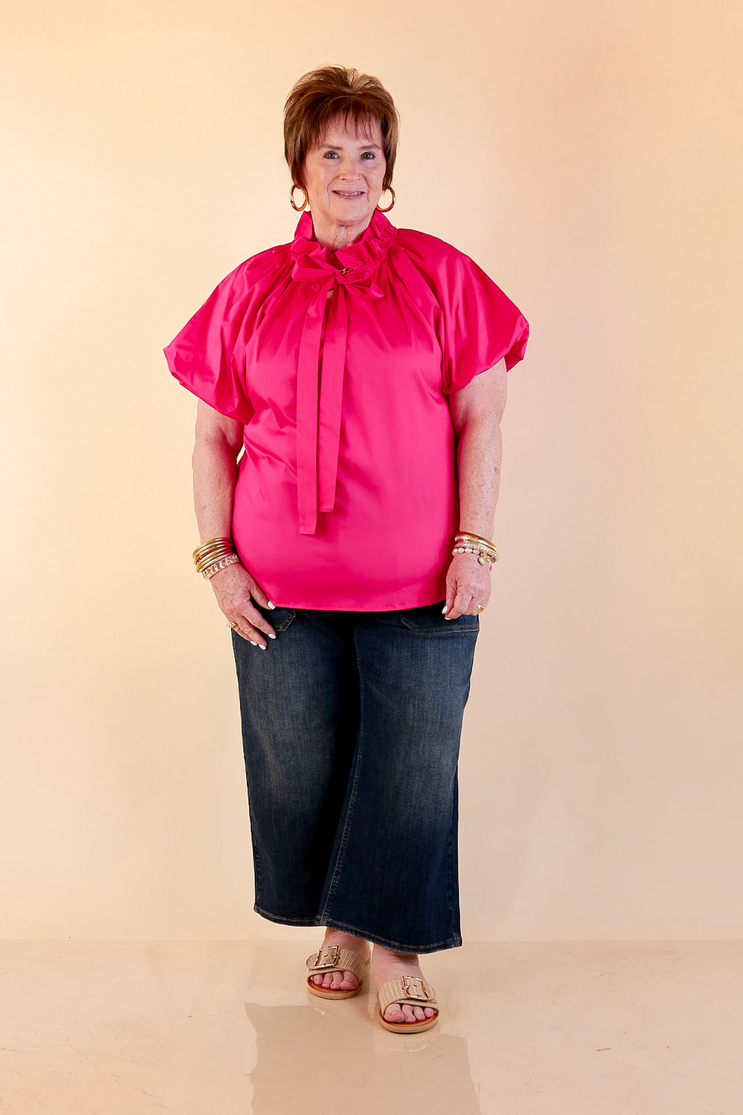 Make It Memorable Short Puff Sleeve Tie Neck Blouse with Gathered Neckline in Fuchsia Pink