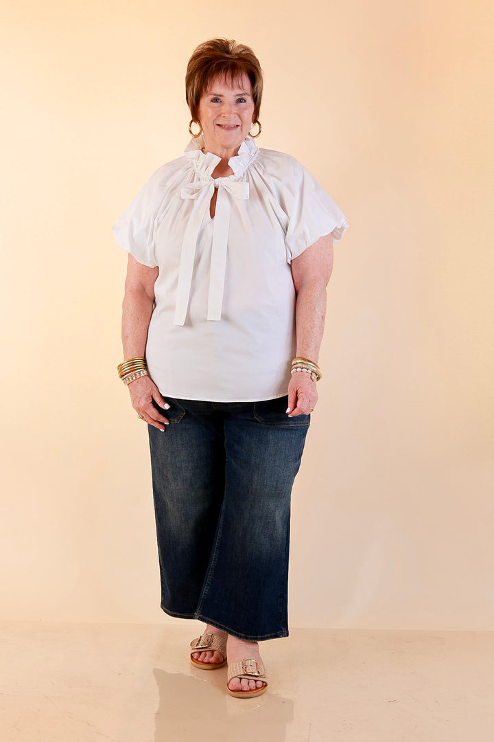 Make It Memorable Short Puff Sleeve Tie Neck Blouse with Gathered Neckline in White