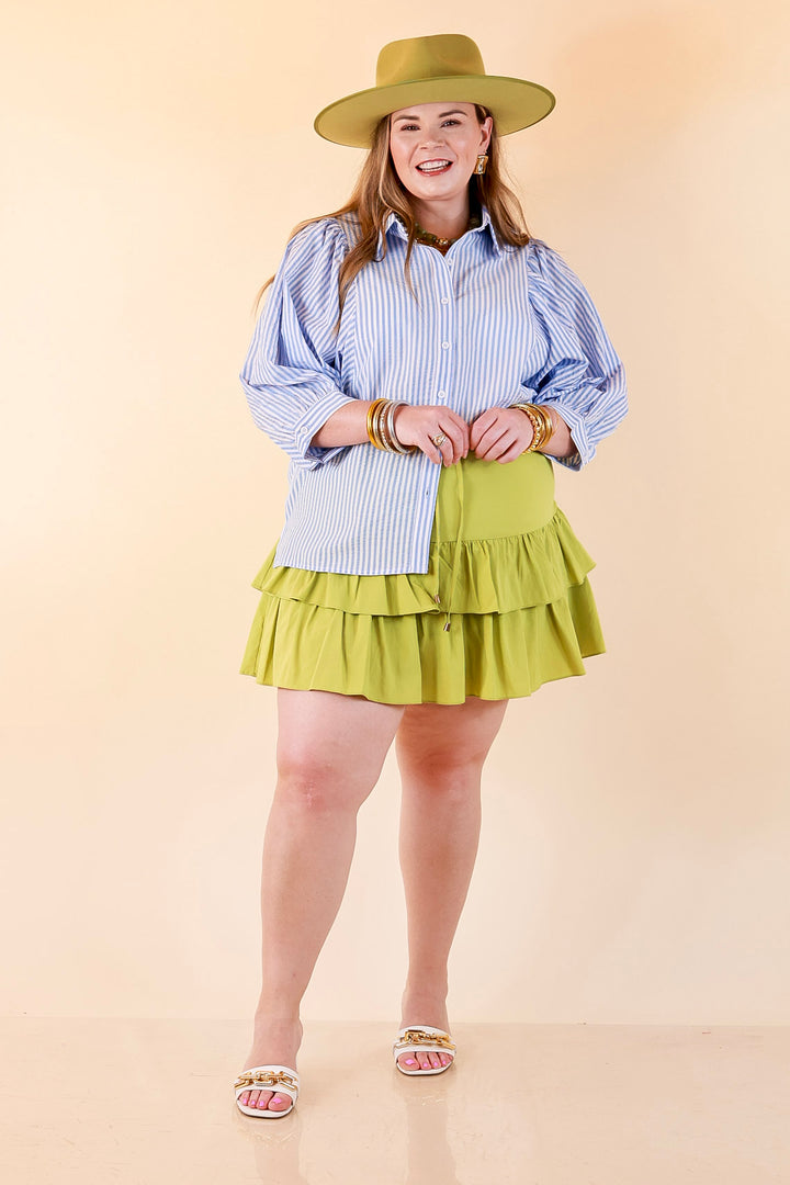 Crisp and Collected Stripe Button Front Collared Top with Puff Short Sleeves in Blue and White