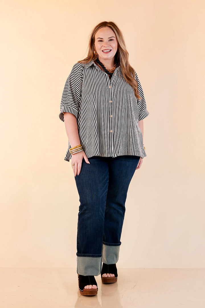 Perfectly Aligned Button Down Collared Top with Vertical Ivory Stripe Detail in Black