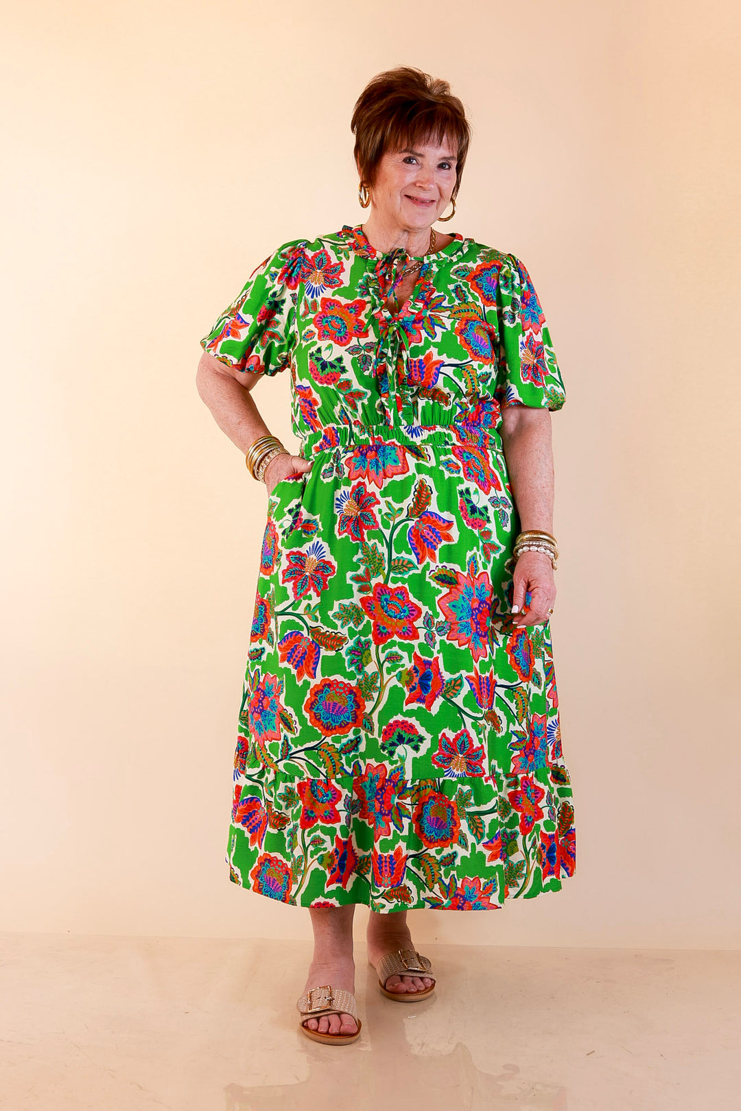 Color Me Happy Floral Print Midi Dress with Tie Neckline and Puff Sleeves in Green