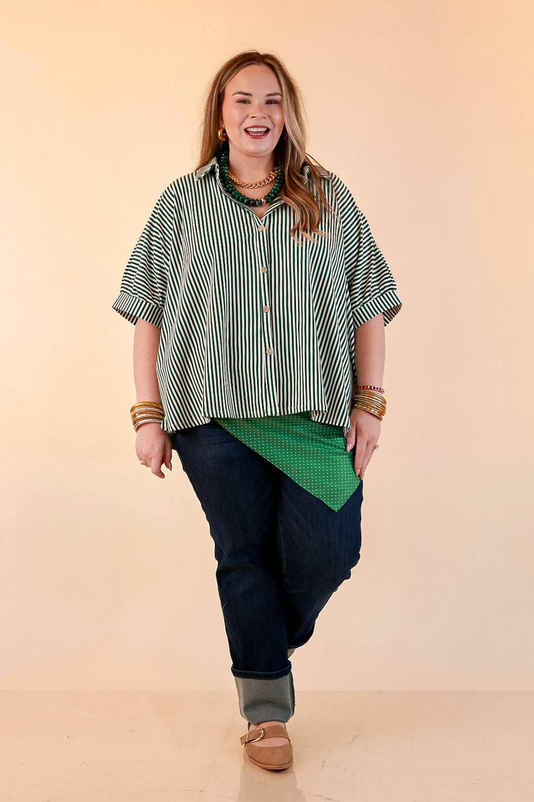Perfectly Aligned Button Down Collared Top with Vertical Ivory Stripe Detail in Forest Green