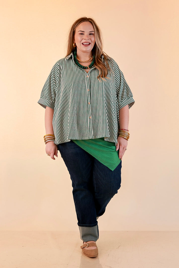 Perfectly Aligned Button Down Collared Top with Vertical Ivory Stripe Detail in Forest Green