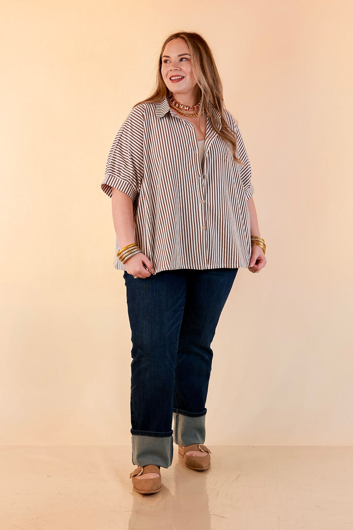 Perfectly Aligned Button Down Collared Top with Vertical Ivory Stripe Detail in Taupe Brown