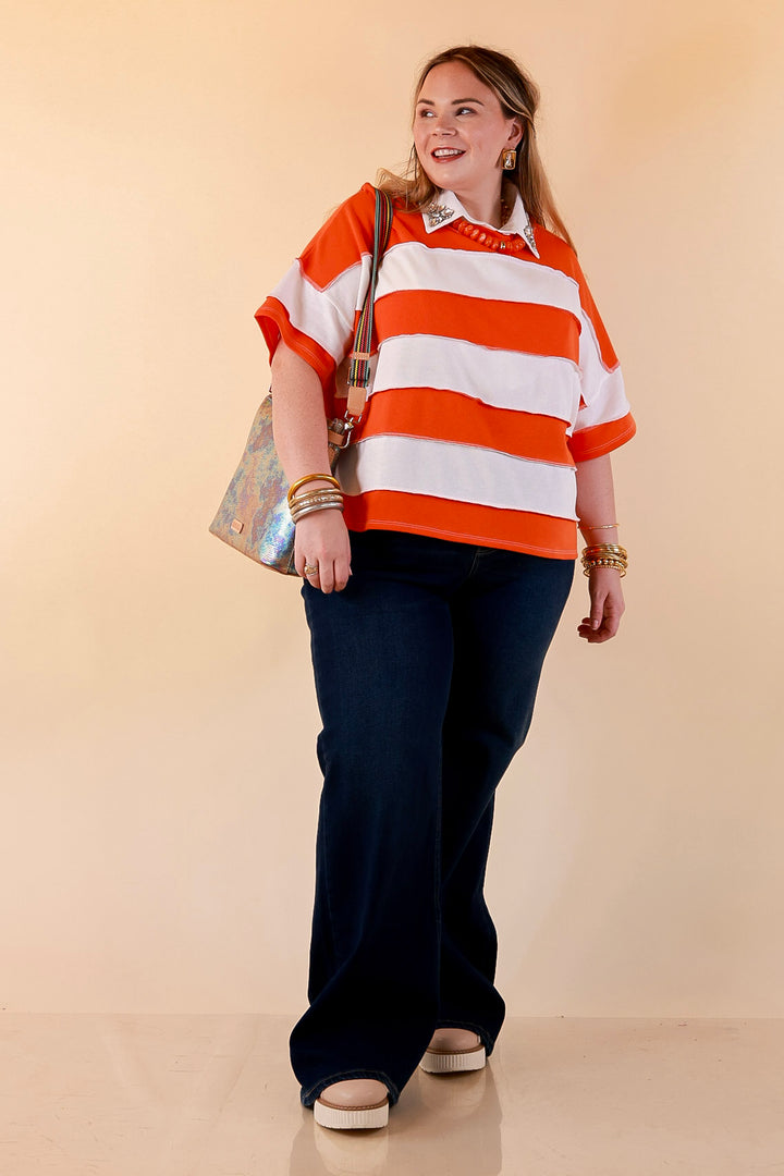 Simply Styled Color Block Rugby Style Relaxed Short Sleeve Top in Orange