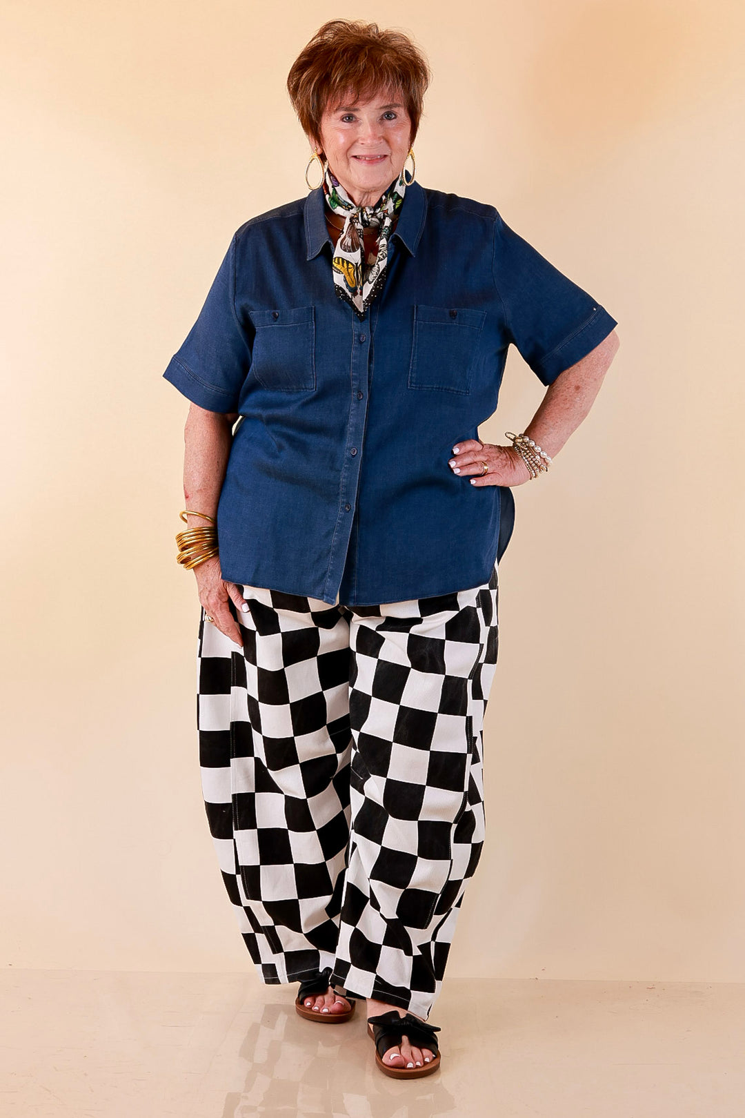 Check Me Out Wide Leg Checkered Print Barrel Denim Jean in Black