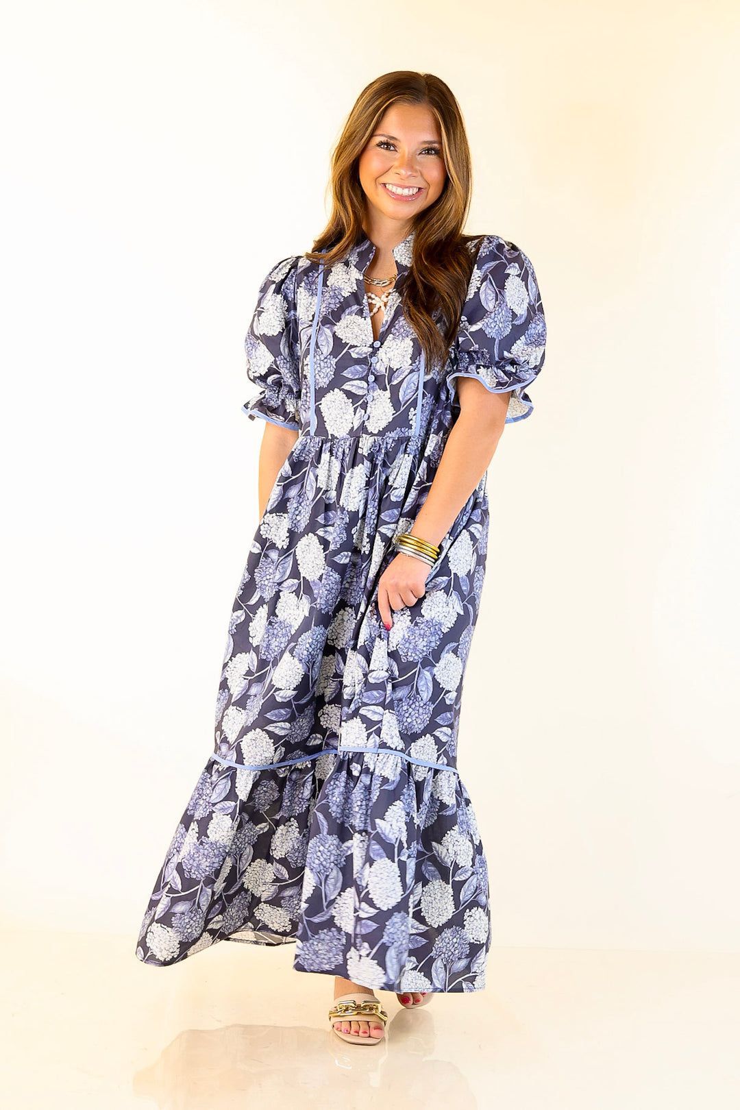 Petals & Poetry Hydrangea Floral Puff Sleeve Tiered Maxi Dress in Navy Blue