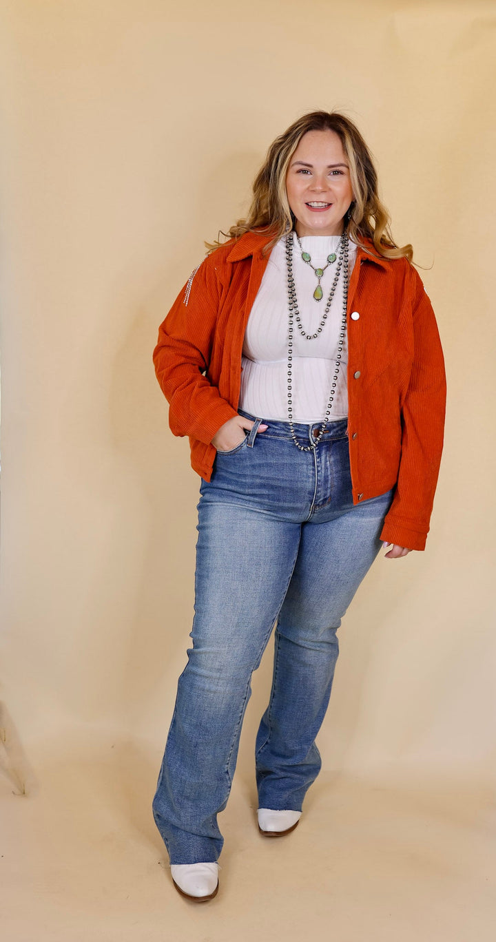 Signature Moves Button Up Corduroy Jacket with Crystal Fringe Back in Rust Orange - Giddy Up Glamour Boutique