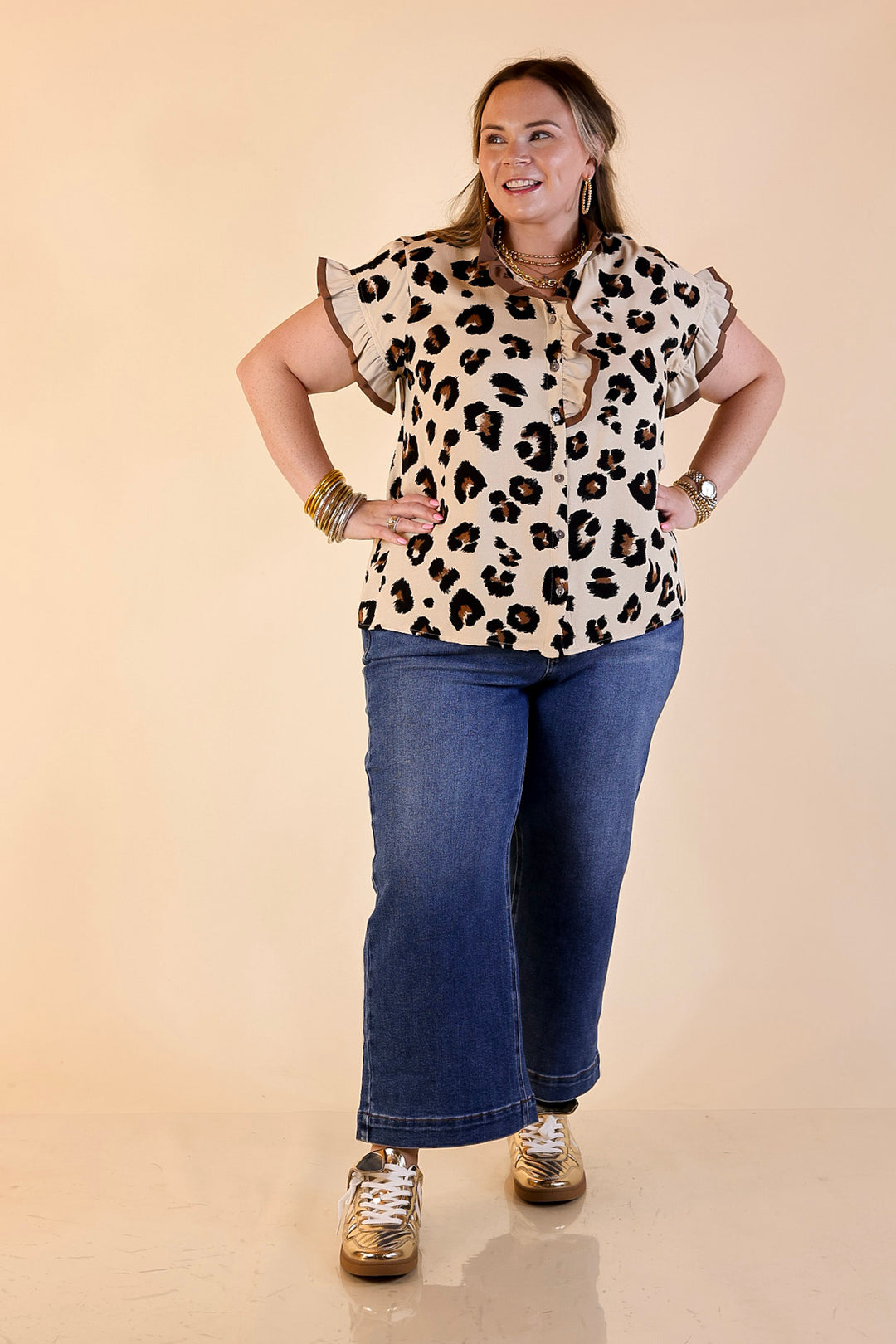 Natural Charm Leopard Print Button Up Ruffle Sleeve Top in Taupe