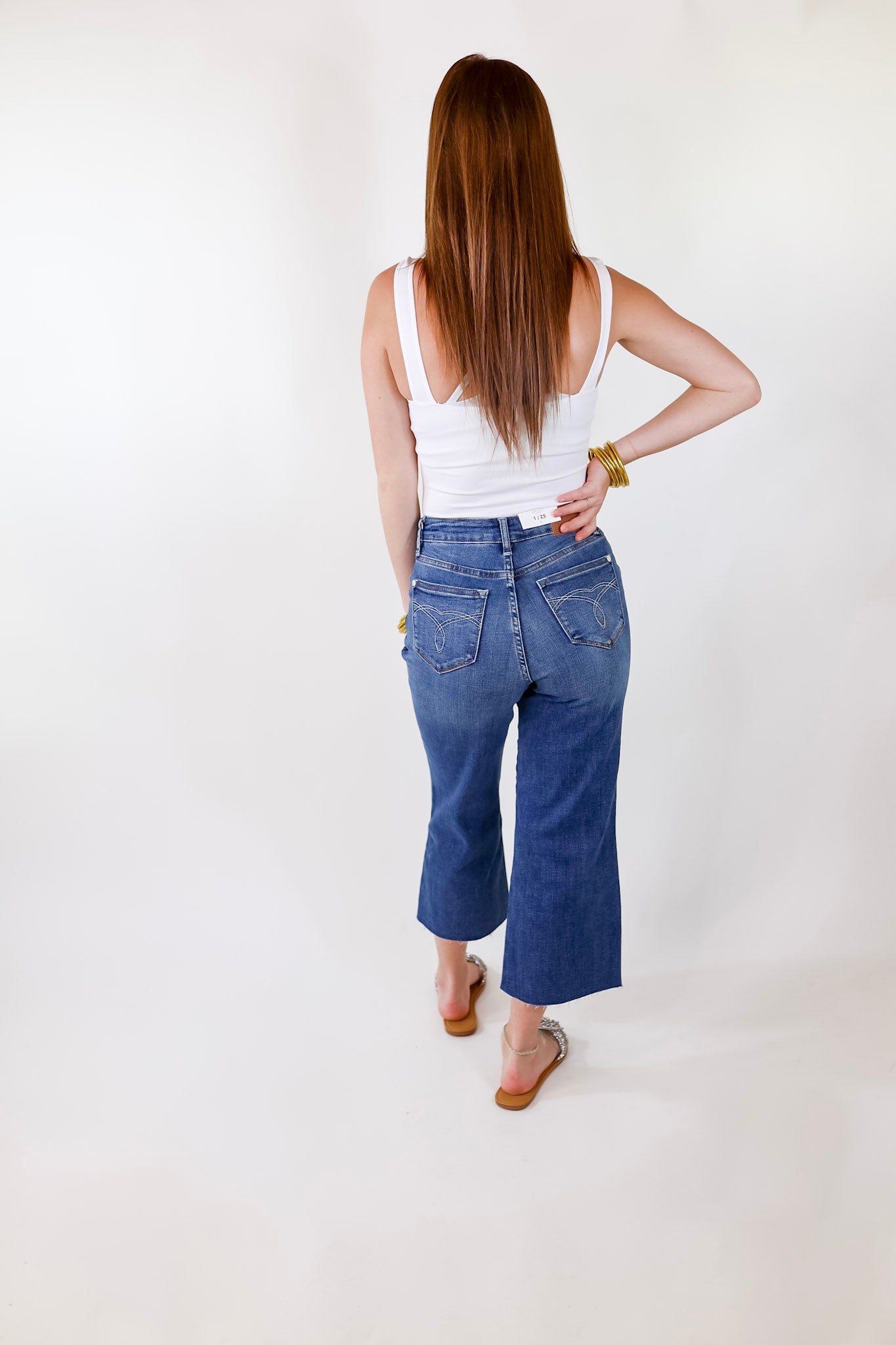 Judy Blue | Time For Bliss Pocket Embroidery Cropped Wide Leg Jeans in Medium Wash - Giddy Up Glamour Boutique