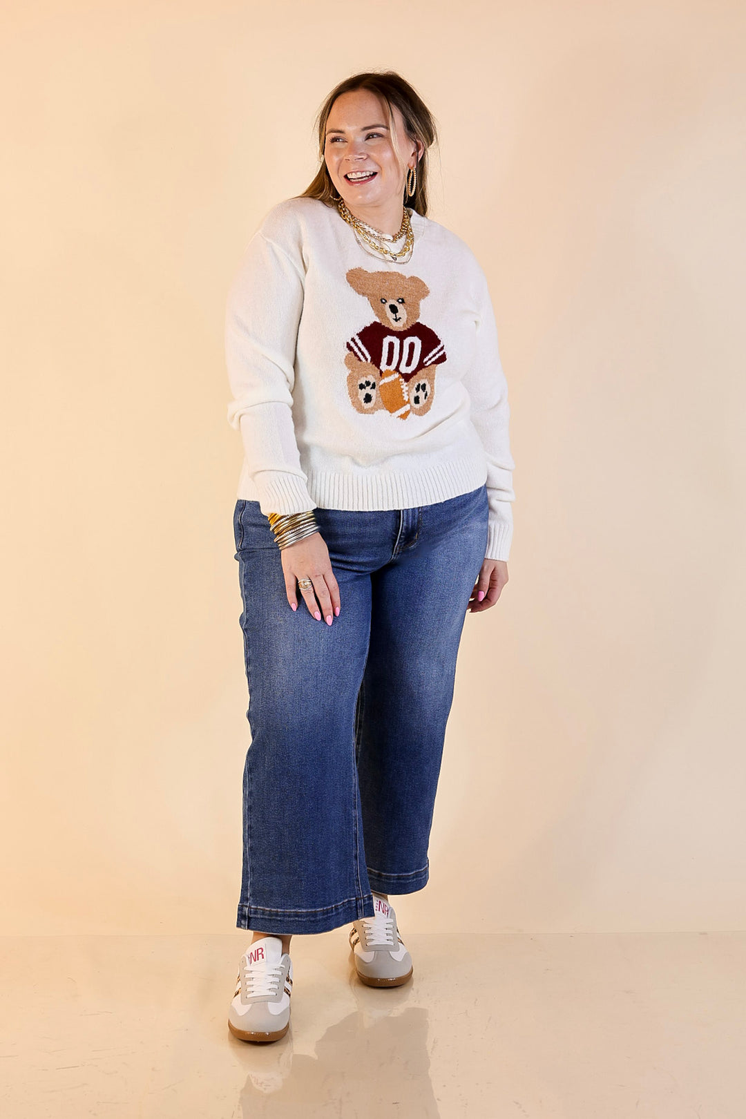 Simply Southern | Finest Touch Crewneck Sweater with Football Teddy Bear Graphic in Cream
