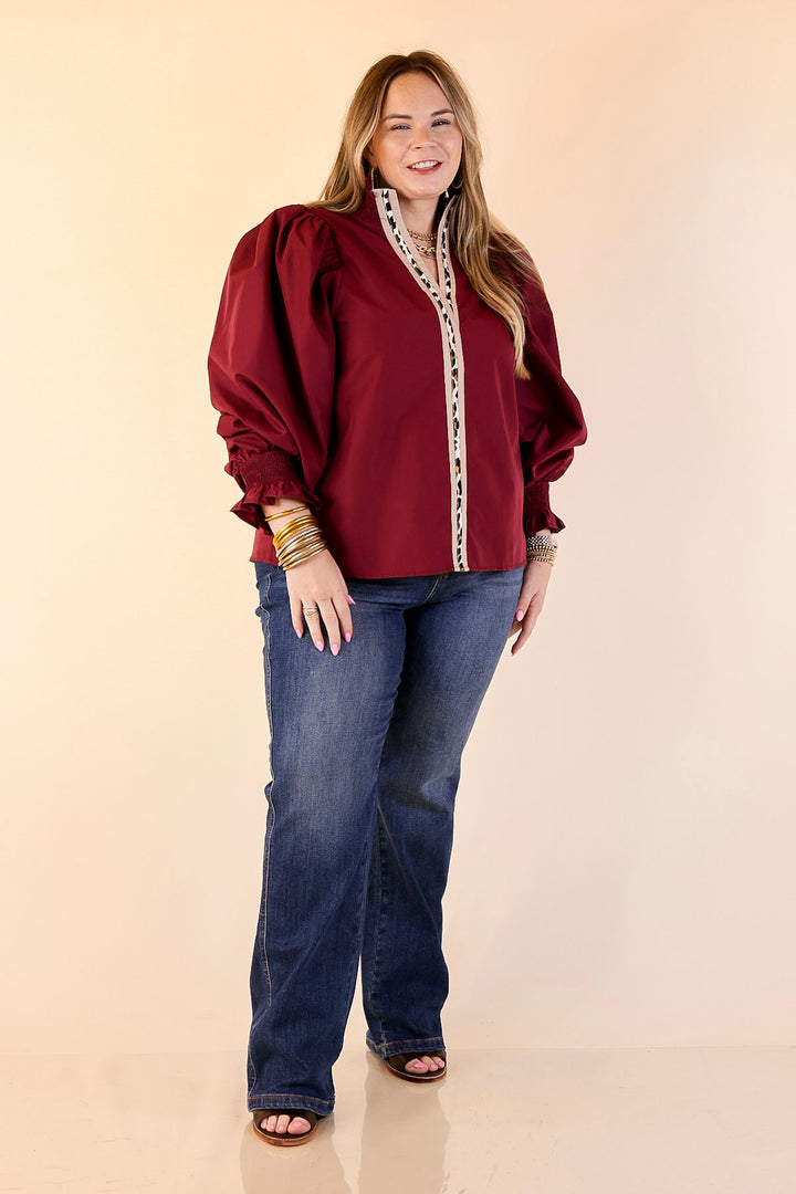 Trimmed in Style Puff Long Sleeve Blouse with Contrast Leopard Trim and Ruffle in Maroon
