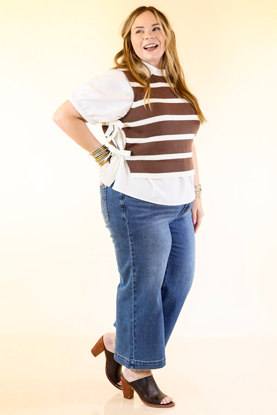 Tied Up in Style Knit Sweater with Side Ties in Chocolate Brown with Off White Stripes