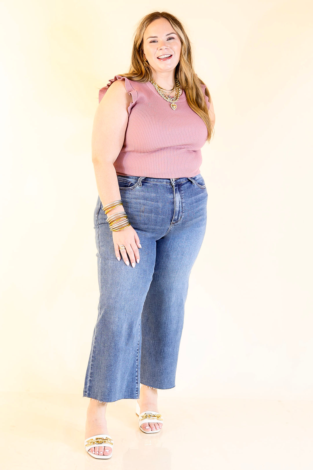 Flirty Frill Scoop Neck Top with Ruffle Sleeves in Mauve Pink