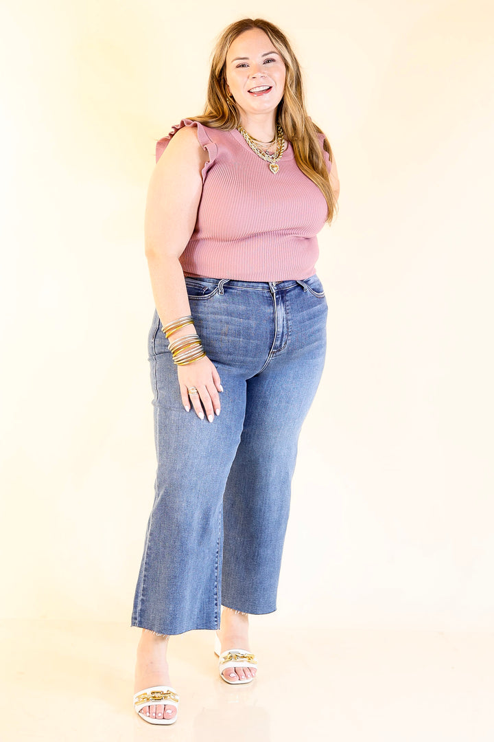 Flirty Frill Scoop Neck Top with Ruffle Sleeves in Mauve Pink