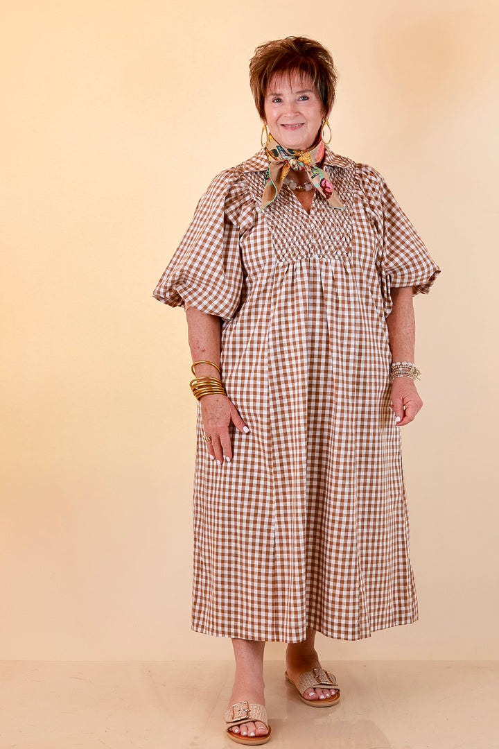 All Eyes on You Smocked Yoke Puff Sleeve Gingham Print Maxi Dress in Camel Brown and Ivory