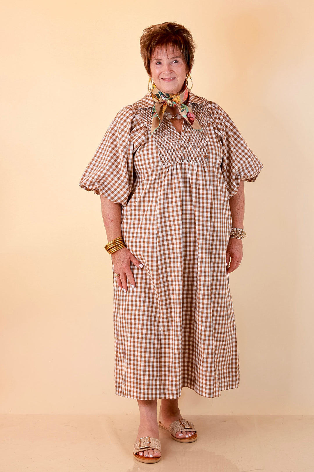 All Eyes on You Smocked Yoke Puff Sleeve Gingham Print Maxi Dress in Camel Brown and Ivory