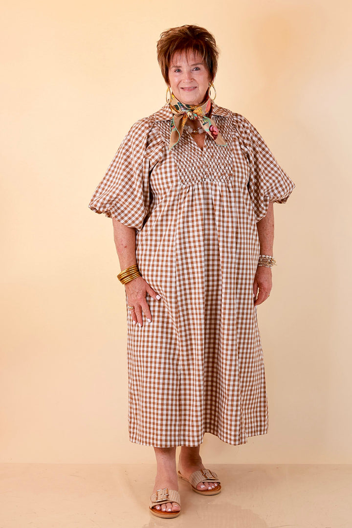 All Eyes on You Smocked Yoke Puff Sleeve Gingham Print Maxi Dress in Camel Brown and Ivory
