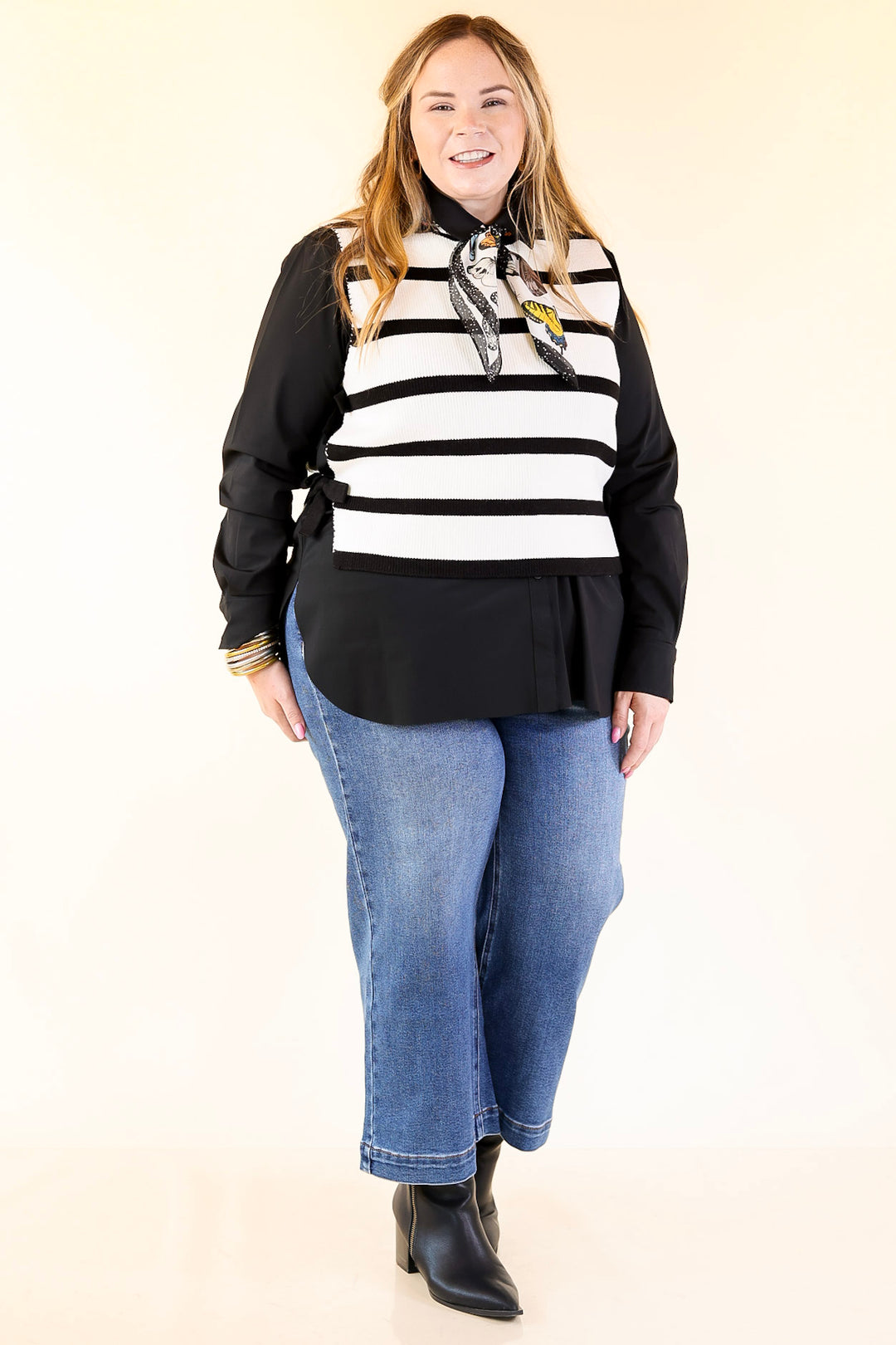 Tied Up in Style Knit Sweater with Side Ties in Off White with Black Stripes