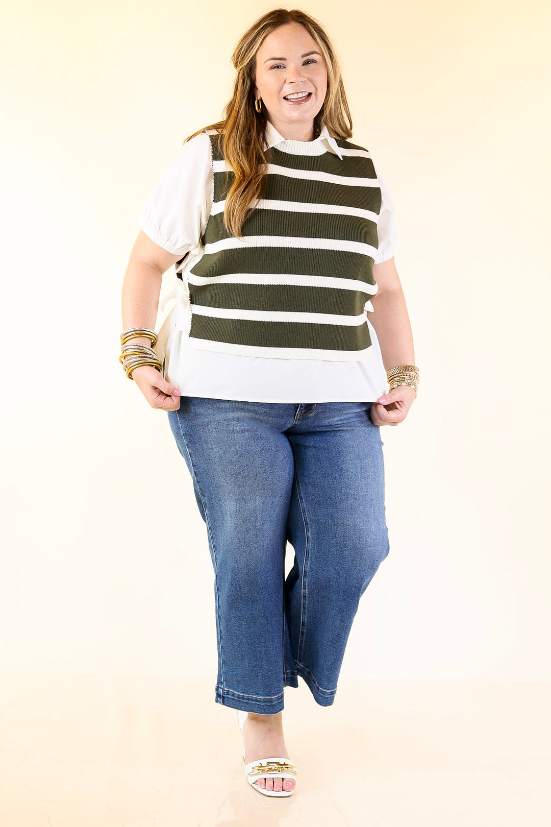 Tied Up in Style Knit Sweater with Side Ties in Olive Green with Off White Stripes