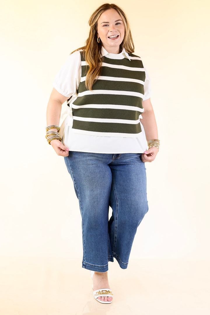 Tied Up in Style Knit Sweater with Side Ties in Olive Green with Off White Stripes