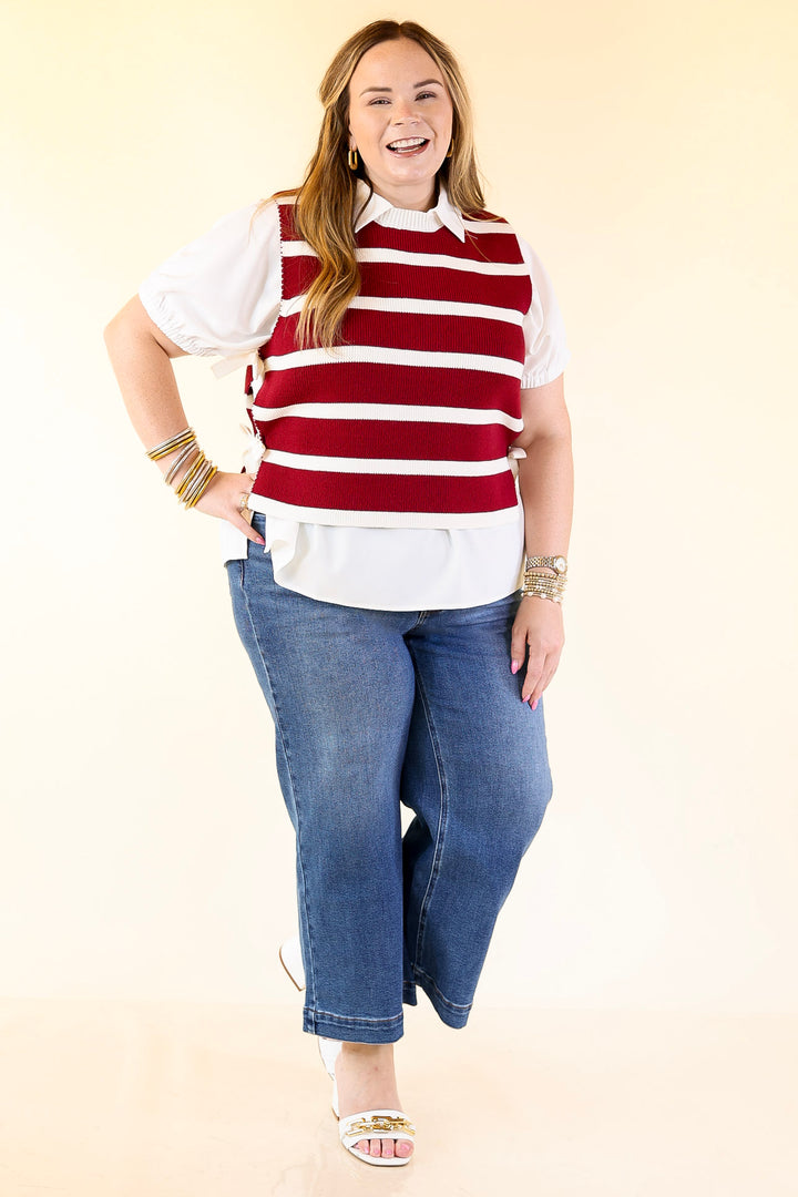 Tied Up in Style Knit Sweater with Side Ties in Maroon with Off White Stripes