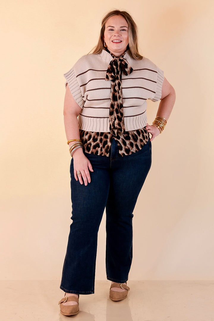 Wild at Heart Bowtie Button Up Mesh Blouse Top with Statement Tie in Leopard Print