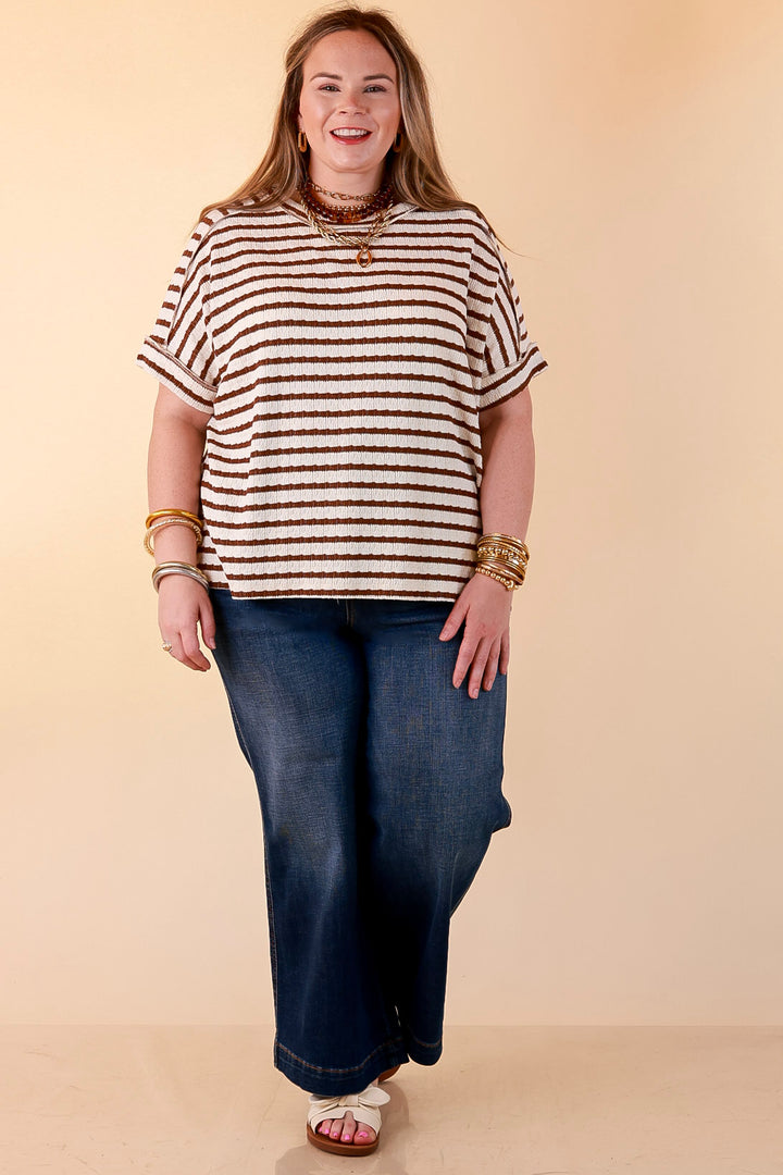 On The Daily Scoop Neck Short Sleeve Striped Textured Top in Chocolate Brown