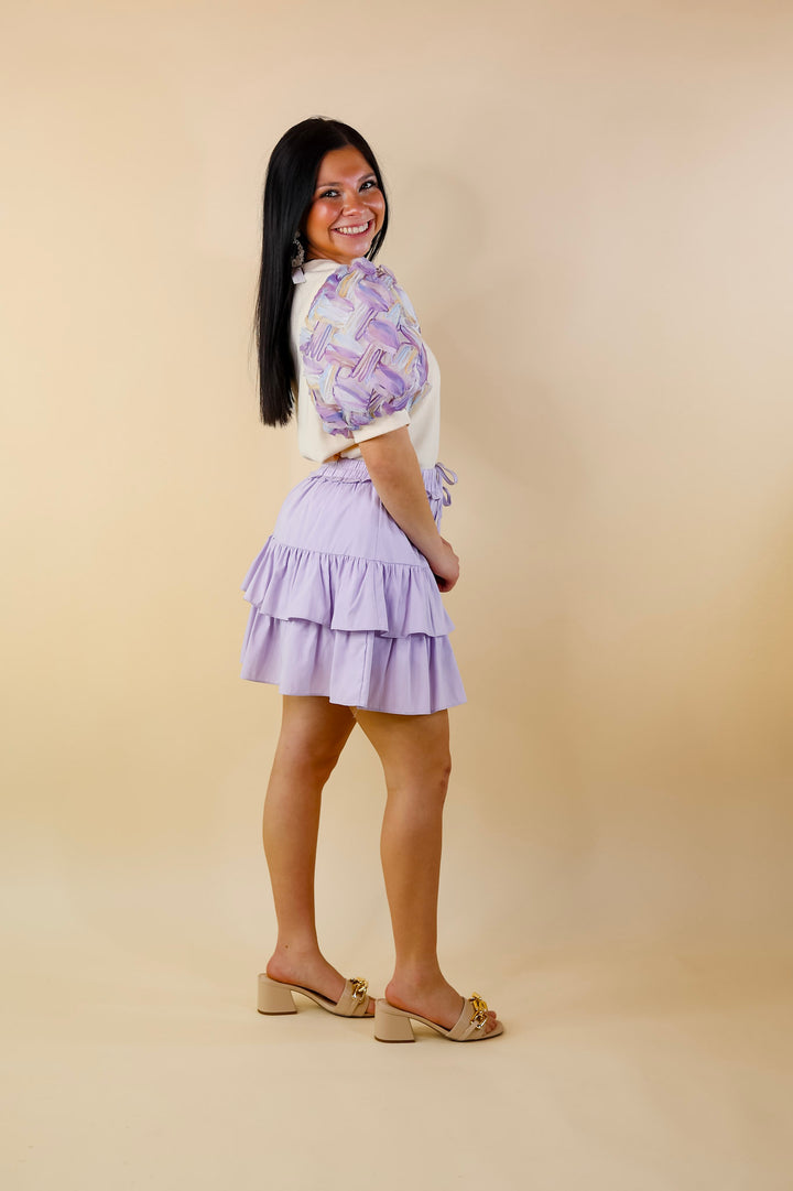 Spring Girls Multi-Color Geometric Stripe Tulle Balloon Sleeve Top in Purple - Giddy Up Glamour Boutique