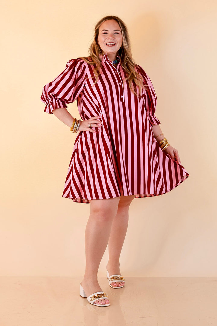 Talk of the Town Striped Ruffle Sleeve Babydoll Dress with Cinched Waist Feature in Maroon and Pink
