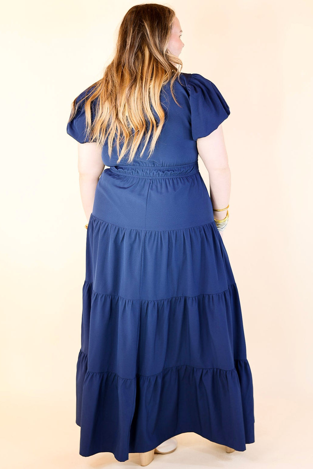 Table for Two Tiered Maxi Dress with Puff Sleeves in Navy Blue