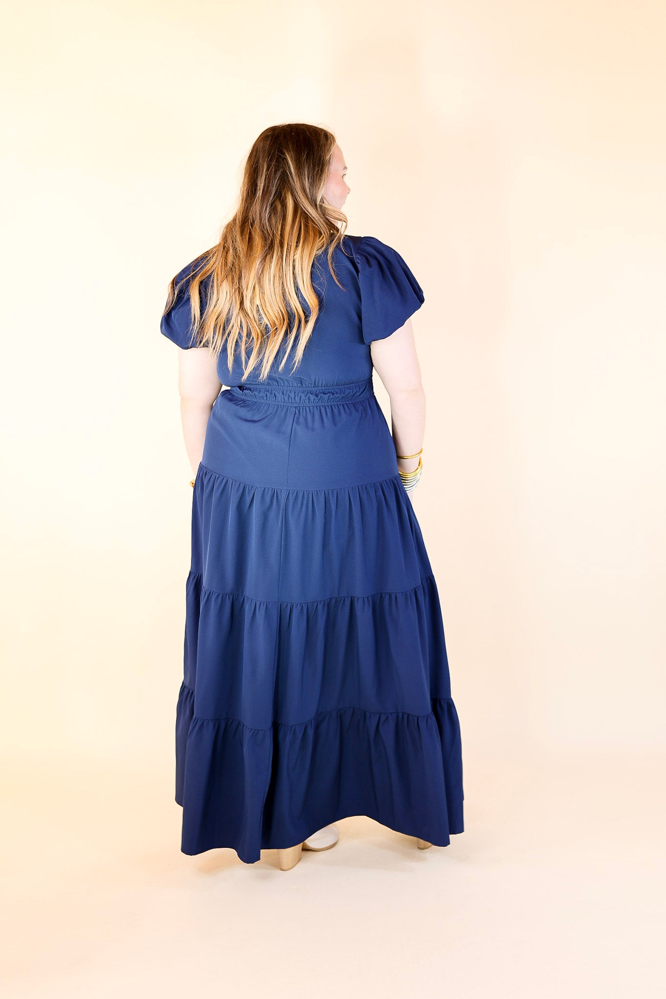 Table for Two Tiered Maxi Dress with Puff Sleeves in Navy Blue