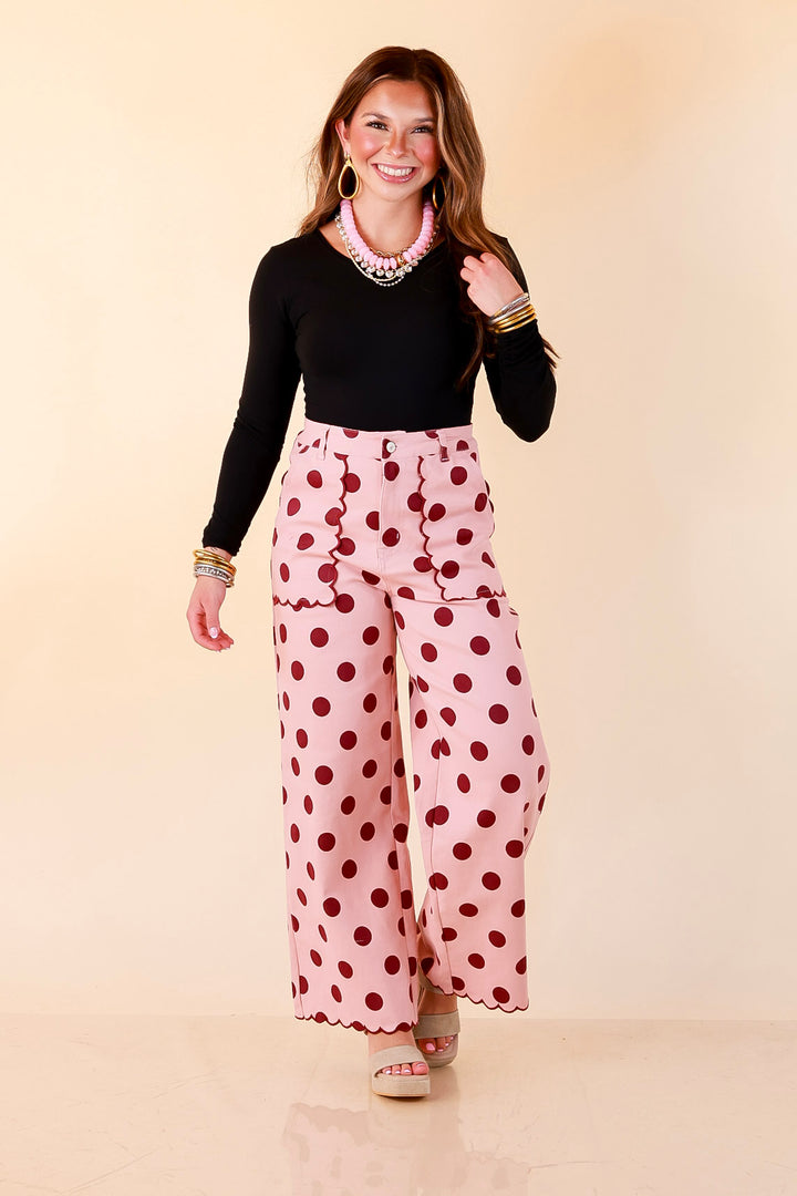 Polished Play Polka Dot Print Wide Leg Denim Pants with Scallop Detailing in Blush Pink and Maroon