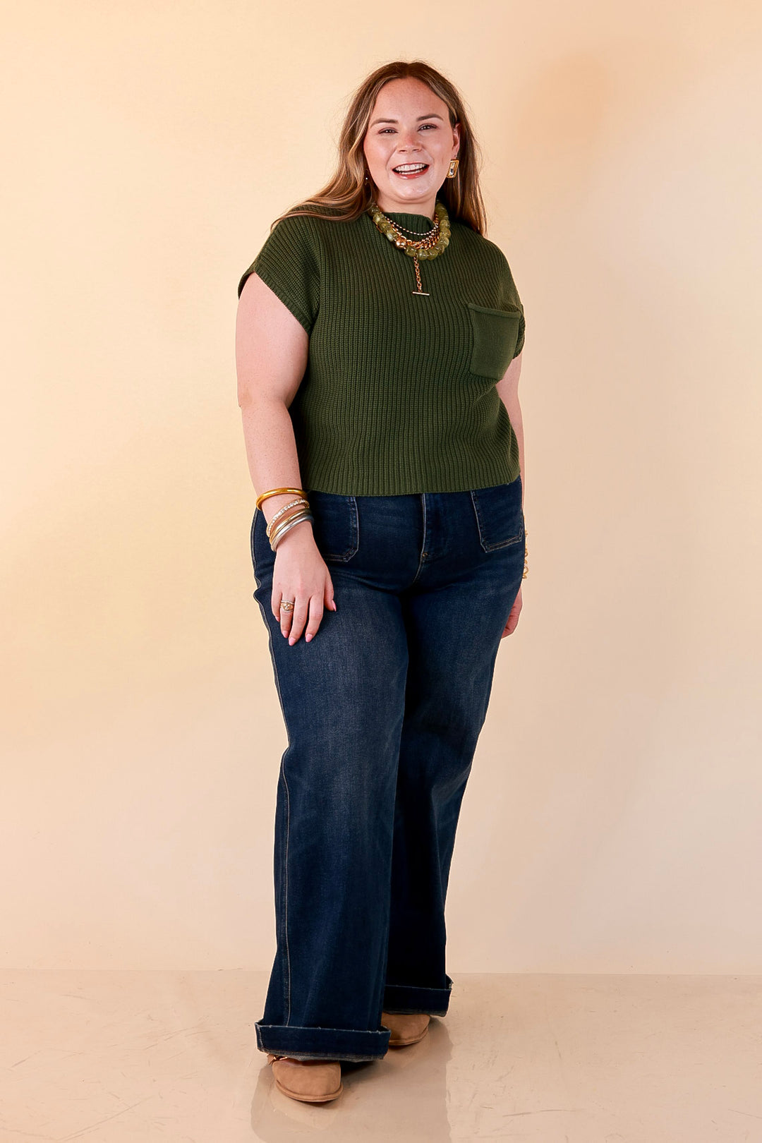 Repeat Worthy Cap Sleeve Cropped Sweater with Front Pocket in Olive Green