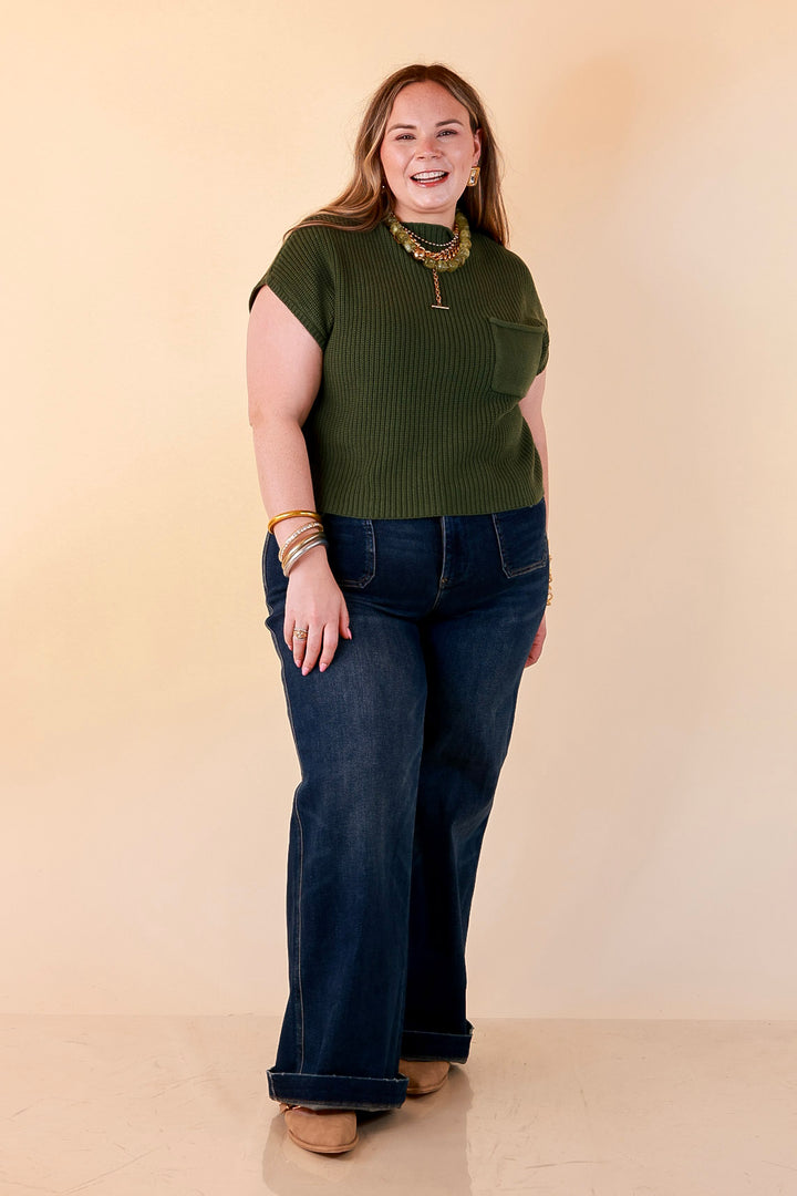 Repeat Worthy Cap Sleeve Cropped Sweater with Front Pocket in Olive Green