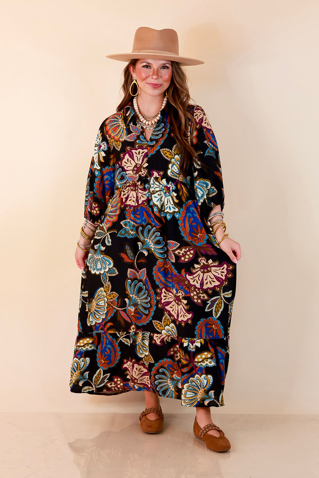 Season of Style Floral Print V Neck 3/4 Sleeve Collared Tiered Midi Dress in Black Multi
