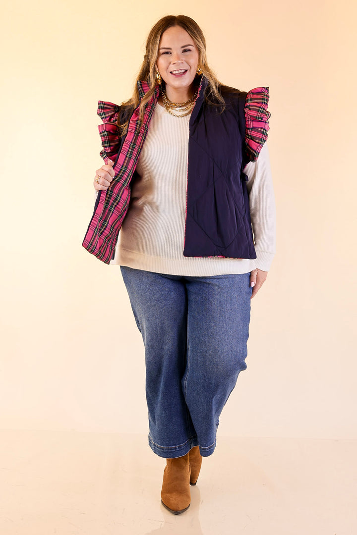 Mud Pie | Jefferies Quilted Plaid Reversible Vest with Ruffle Cap Sleeves and Bow Side Closure in Pink