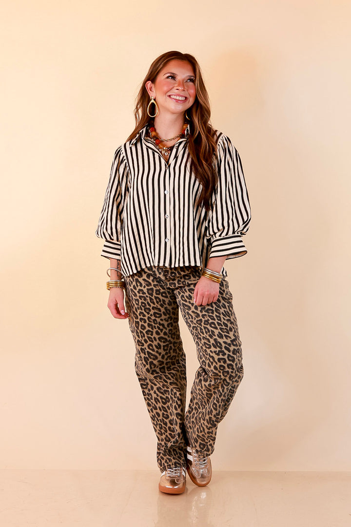 The Bold Type Striped 3/4 Sleeve Button-Up Top in Ivory with Black Stripes