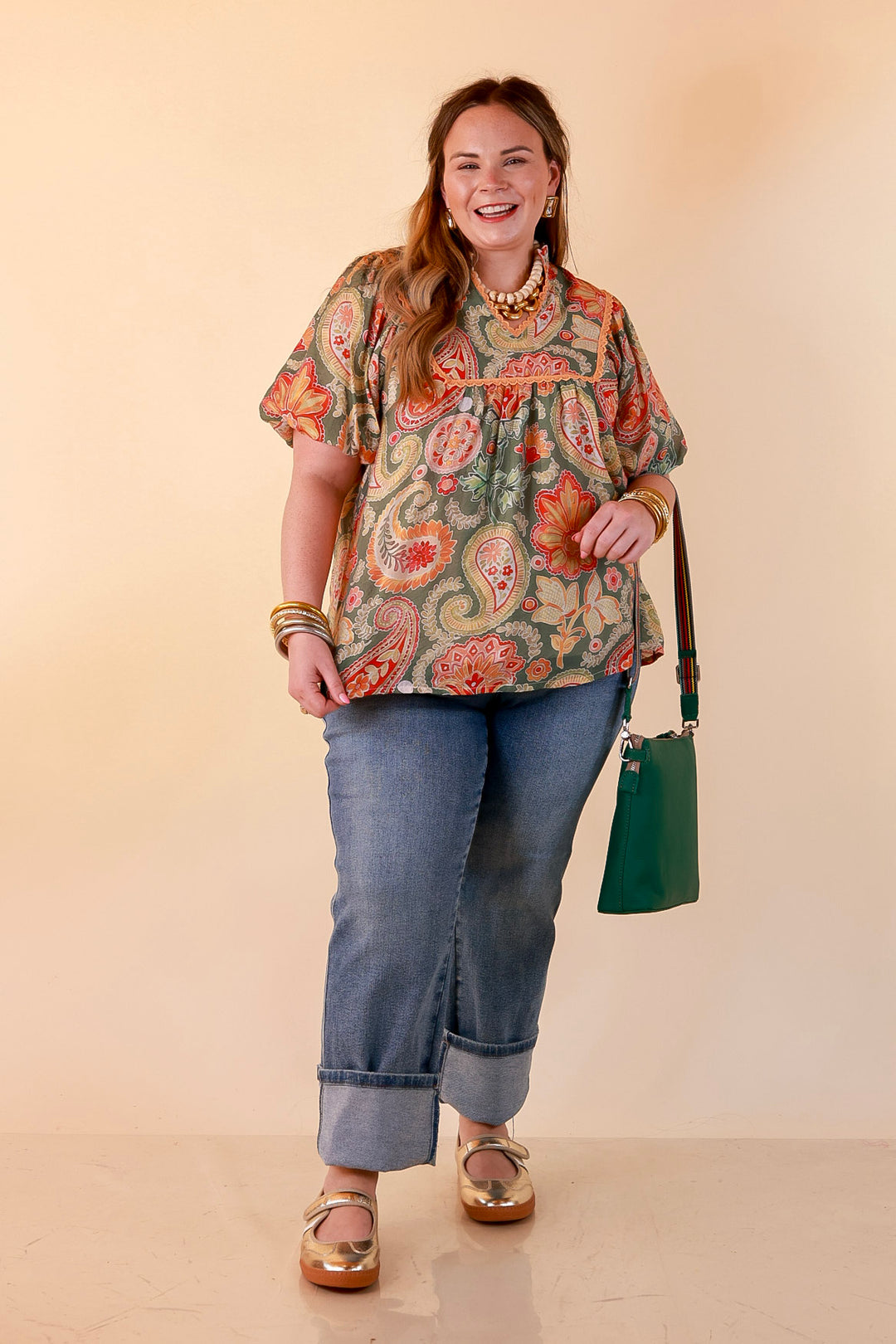 Blooming Days Ahead Paisley Print V Neck Blouse with Puff Sleeves, Ruffle Trim Collar and Lace Trim Yoke in Olive Green Mix