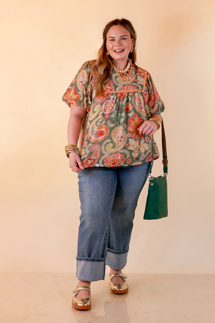 Blooming Days Ahead Paisley Print V Neck Blouse with Puff Sleeves, Ruffle Trim Collar and Lace Trim Yoke in Olive Green Mix